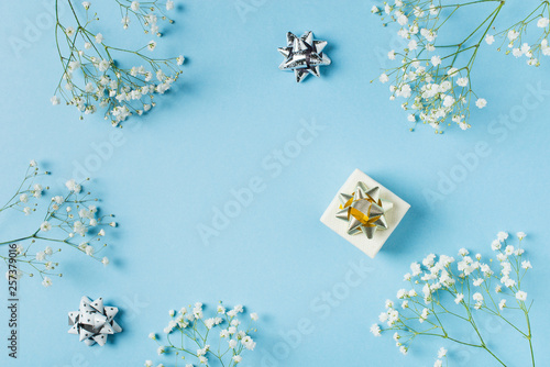 Blue fashion  flowers flat lay background