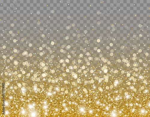 Gold glitter particles and lights effect for luxury greeting card. Vector glowing golden shimmer texture with confetti for new year, christmas design. Star dust sparks on transparent background.