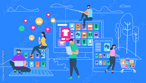 People Shopping Online on Blue Outline Background