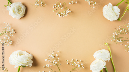 Beige fashion, flowers flat lay background