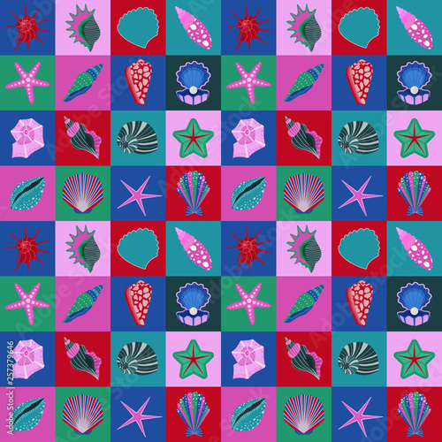 Starfish and seashells pattern with squares. Ocean life aquatic seamless background with pearl sea shells, mollusks and clams for fabric and wrapping paper.