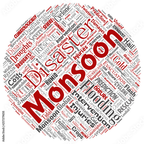 Vector conceptual monsoon dangerous weather round circle red meteorology word cloud isolated background. Collage of tropical dramatic storm force, strong wind blowing, rain hail thunderstorm concept