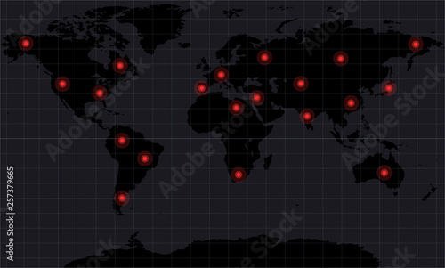 World map with danger signs around the world. Symbols launch weapons or military action. 