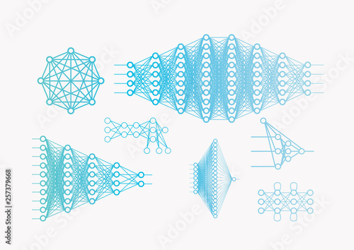 A lot of  Neural network diagram, input and output data, hidden layers. 