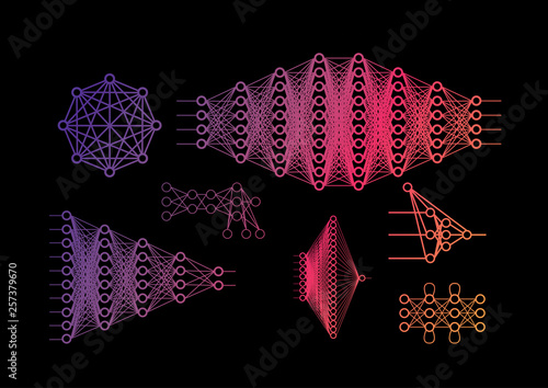 A lot of  Neural network diagram, input and output data, hidden layers. 