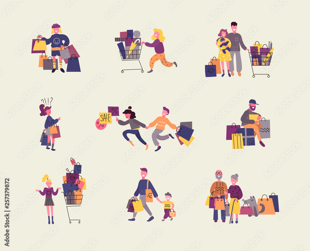 Set of people with purchases at shopping. Flat design, vector illustrations