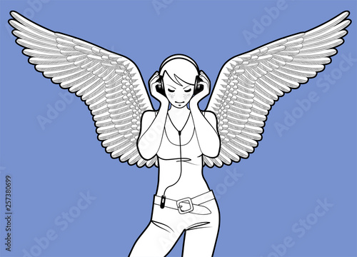 Girl with wings and listen to music with head-phones on blue