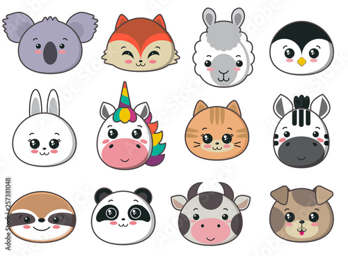 Vector collection of cute animal faces, big icon set for baby design