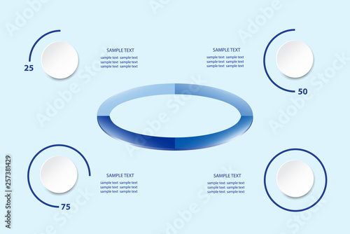 Infographic as ellipse in blue color shades in the center of the vector circles showing quarter, half, three quarters, and full result of performance.