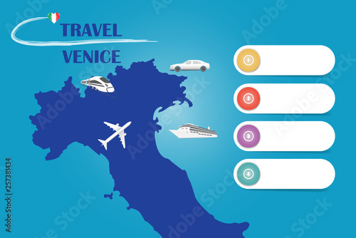 Travel Venice template vector for travel agencies etc. Vector showing the plane, car, train and ship approaching the blind map of Italy. Four blank labels are ready for your text.