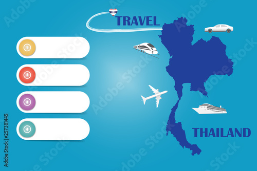 Travel Thailand template vector for travel agencies etc. Vector showing the plane, car, train and ship approaching the blind map of Thailand. Four blank labels are ready for your text.