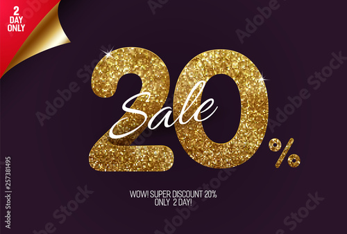 Shine golden sale 20% off, made from small gold glitter squares, pixel style. For sale and discount offers.