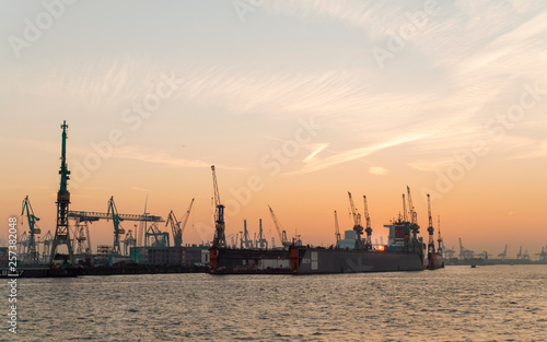 Port of Hamburg Loading Docks and Sunset Panorama