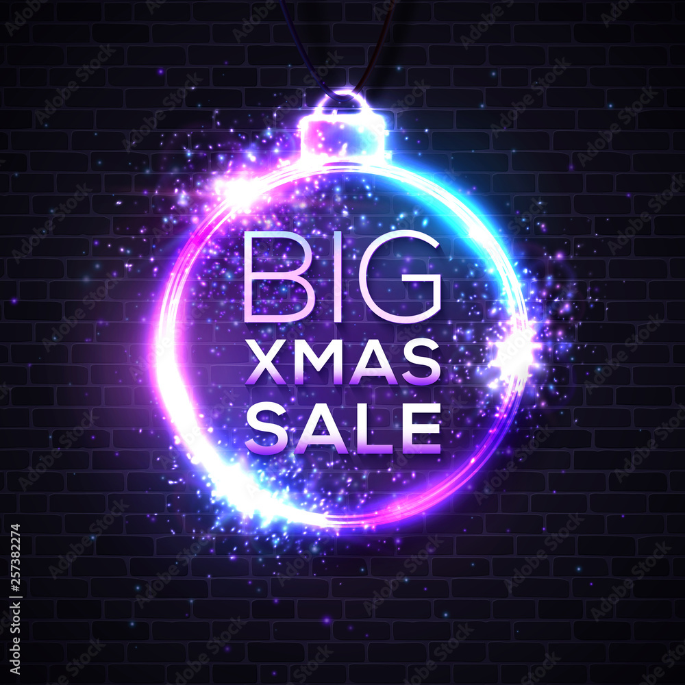 Big Xmas sale. Discount banner on dark brick texture wall. Christmas decoration ball shape frame. Electric glowing cable with particles sparkles light flash. 80s decorative circle vector illustration. Big Xmas sale. Discount banner on dark brick texture wall. Christmas decoration ball shape frame. Electric glowing cable with particles sparkles light flash. 80s decorative circle vector illustration.