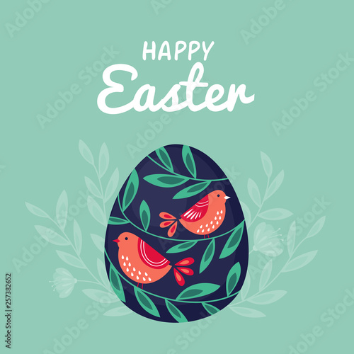 Colorful Happy easter card with text and egg with traditional pattern