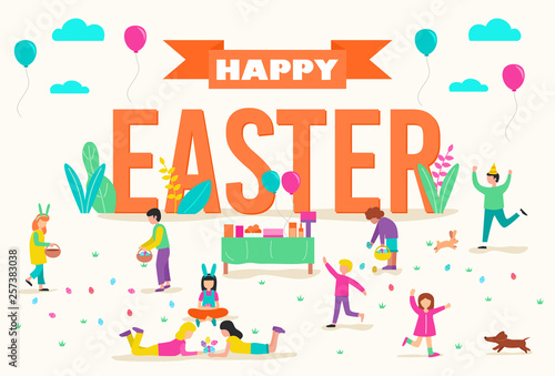 Flat design, Happy Easter, Children enjoy an Easter egg hunt.