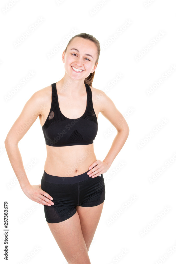 Smiling woman with beautiful body after diet in white background Smiling woman with beautiful body after diet in white background