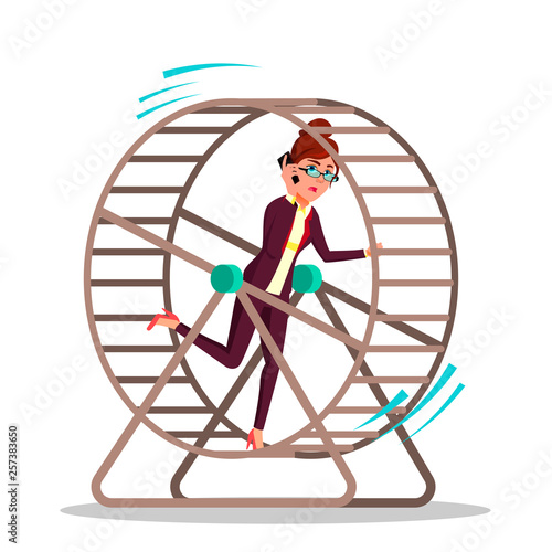 Businesswoman Running Inside A Rat Wheel Vector Flat Cartoon Illustration