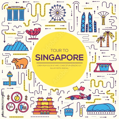 Country Singapore travel vacation guide of goods, place and feature. Set of architecture, fashion, people, item, nature background concept. Infographic traditional ethnic flat, outline, thin line icon