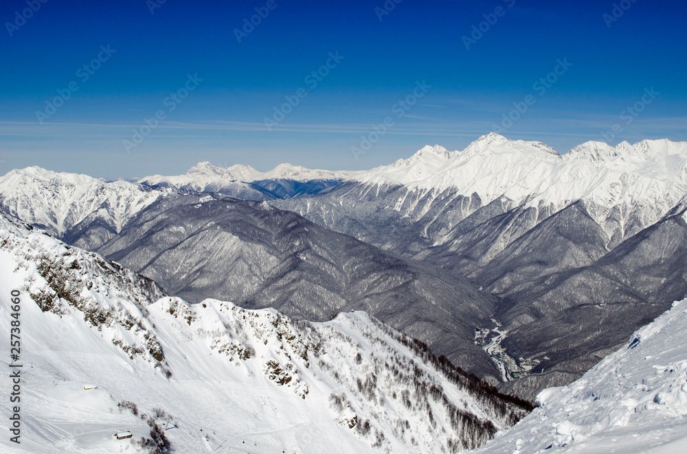 Amazing view of the Caucasus mountains in the ski resort Rosa Khutor Russia
