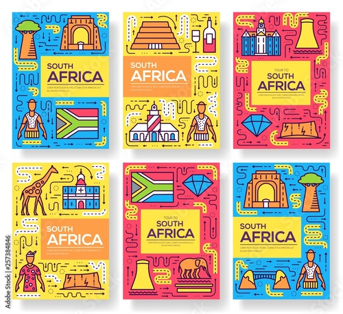 South Africa vector brochure cards thin line set. Country template of flyear, magazines, posters, book cover, banners. Layout culture outline illustrations modern pages