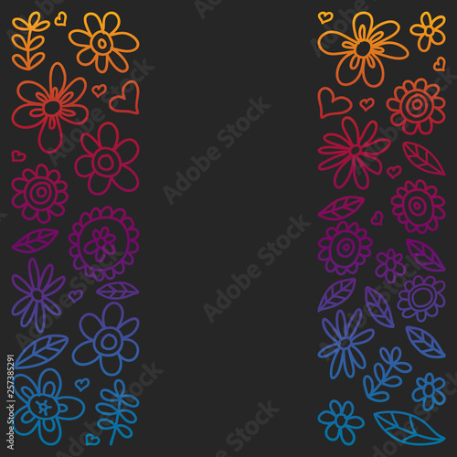 Vector set of child drawing flowers icons in doodle style. Painted  colorful  gradient pictures on a piece of paper on blackboard.