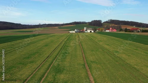 Europen farmland, wheat field in spring with a farm and village in background, aerial landscape view of Slovenias countryside, village of Desenci near Ptuj photo