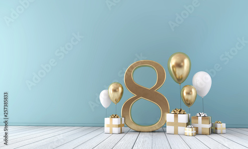 Number 8 party celebration room with gold and white balloons and gift boxes. 