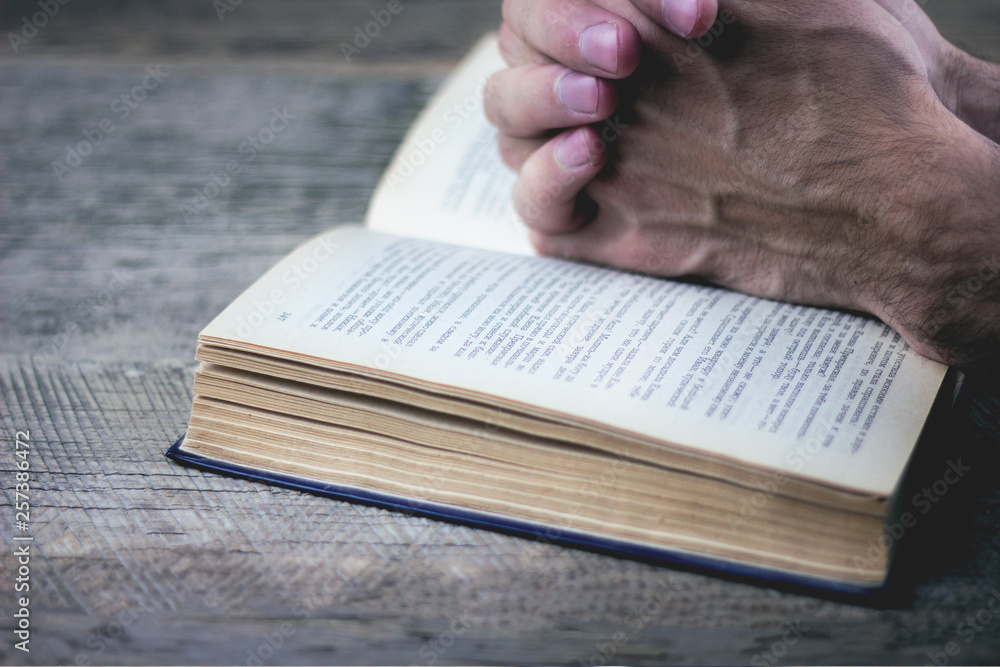 Naklejka premium praying hands over a holy bible