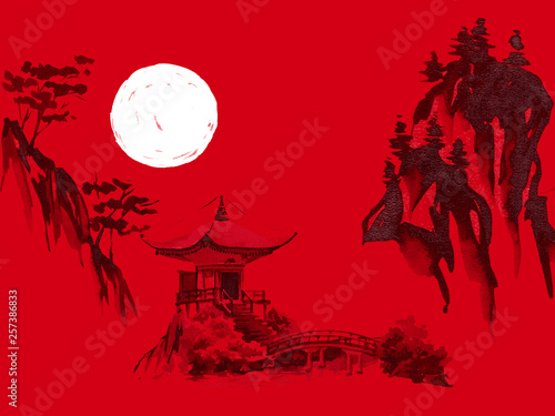 Japan traditional sumi-e painting. Watercolor and ink illustration in style sumi-e, u-sin. Fuji mountain, sakura, sunset. Japan sun. Indian ink illustration. Japanese picture, red background.