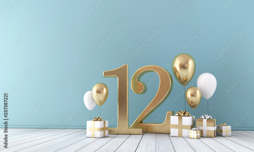 © ink drop - Number 12 party celebration room with gold and white balloons and gift boxes. © ink drop - Number 12 party celebration room with gold and white balloons and gift boxes.