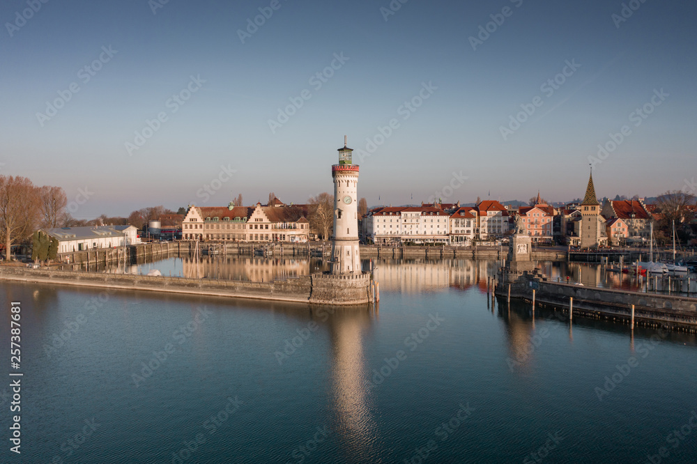 Aerial view of the Lighthouse in Lindau Harbour, Lake Constance, Bavaria, Germany