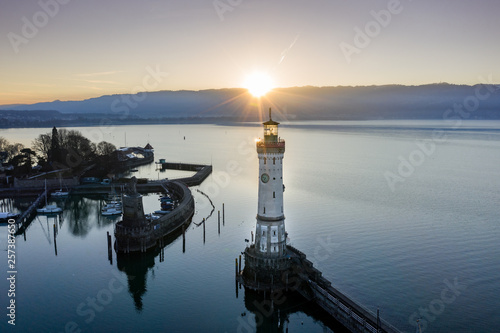 Schilderij op canvas Aerial view of the Lighthouse in Lindau Harbour, Lake Constance, Bavaria, German