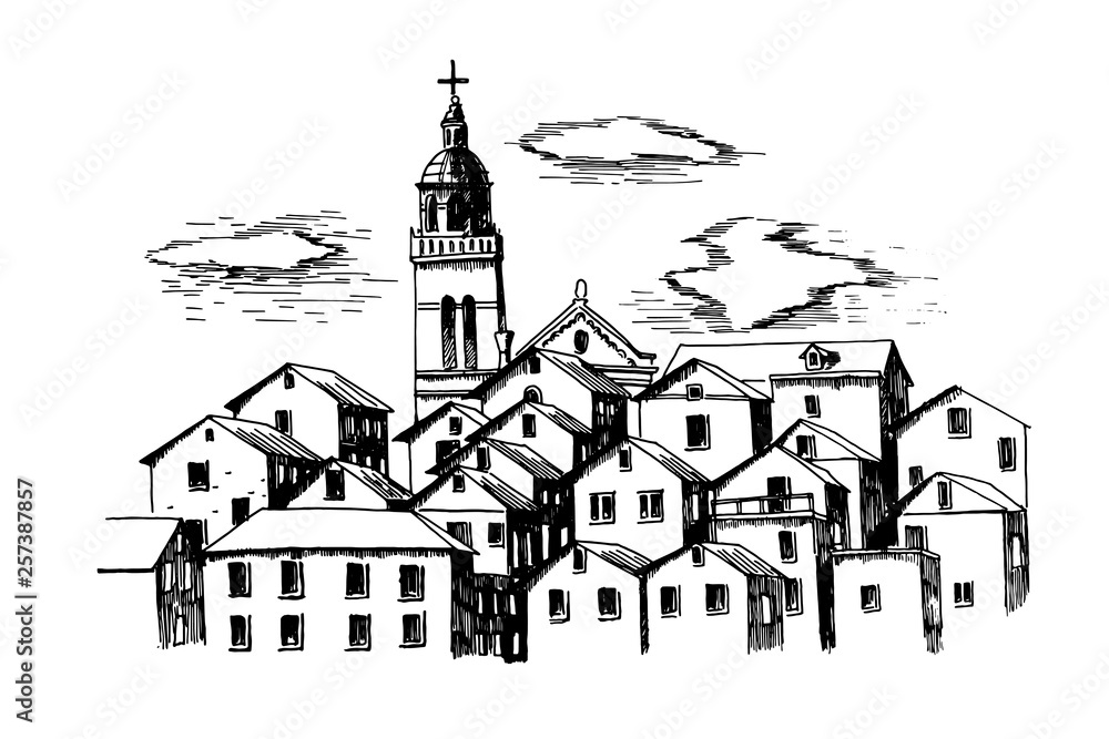 Vector sketch of architecture of Korcula, Croatia. Vector sketch of architecture of Korcula, Croatia.
