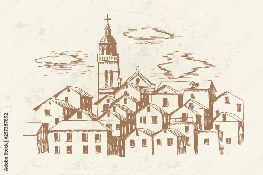 Vector sketch of architecture of Korcula, Croatia.
