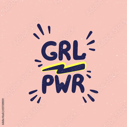 Girl power movement. Doodle style Girl portraits and feminist slogan grl pwr on white background. Feminist movement, protest action, girl power. Vector illustration.
