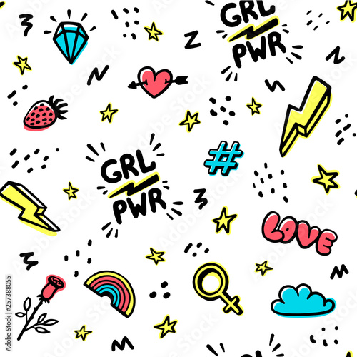 Girl power movement seamless pattern. Feminist inscriptions and icons on white background. Cute hand drawing illustration for print, wrapping, bag, clothing. Vector illustration.