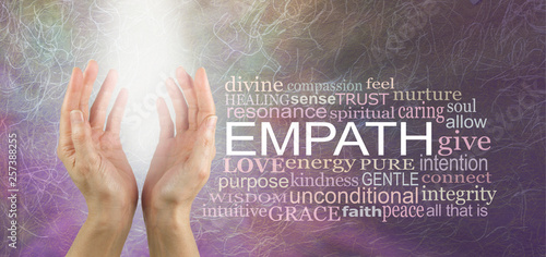 The empath is non judgemental - pair of female hands sending out pure white light healing energy beside an EMPATH word cloud 