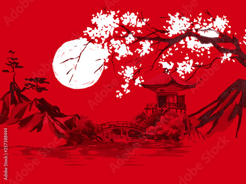 Japan traditional sumi-e painting. Watercolor and ink illustration in style sumi-e, u-sin. Fuji mountain, sakura, sunset. Japan sun. Indian ink illustration. Japanese picture, red background.