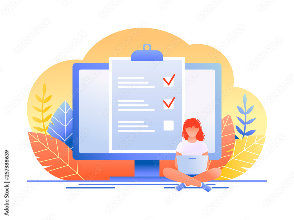 Month planning, to do list, time management. Woman is sitting with laptop and working with data near large computer monitor. Flat concept vector illustration. Month planning, to do list, time management. Woman is sitting with laptop and working with data near large computer monitor. Flat concept vector illustration.
