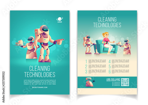 Future cleaning technologies startup cartoon vector ad brochure or poster. Housewife woman sitting in armchair, resting in comfort while household robots serving coffee, vacuuming floor illustration