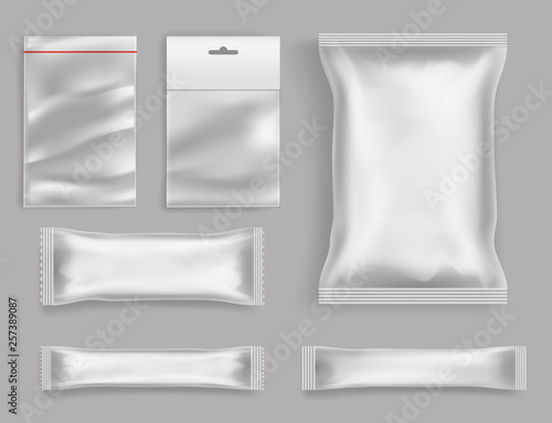 Goods polyethylene packaging types 3d realistic vector set isolated on grey background. Various size and form polythene, sealed, disposable packets with fastener, hang hole and tag for food products