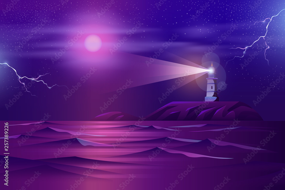 Working at night lighthouse in stormy weather on rocky seashore with fool moon and lightning bolts in starry sky cartoon vector in neon colors. Nature tragical scene background. Dangerous sailing