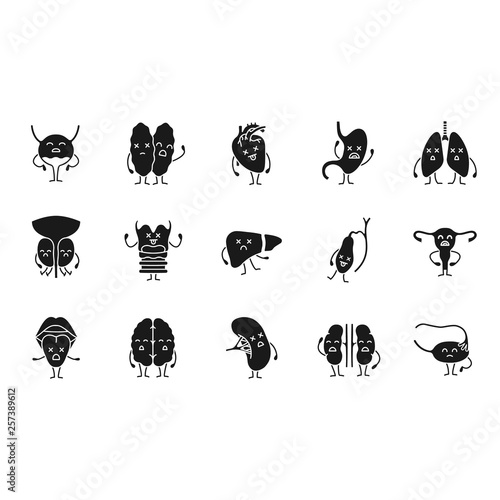 Sad human internal organs characters glyph icons set