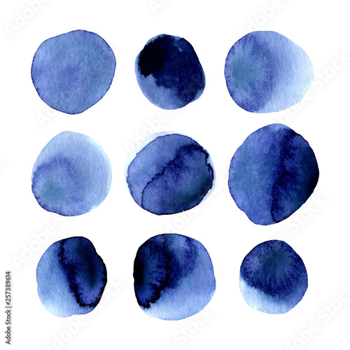 Set of hand painted indigo blue watercolor simple polka dot. Isolated on white background. Navy blue modern circle. Hand drawn round shapes, stains, circles, blobs. Cute design for decor, decoration. photo
