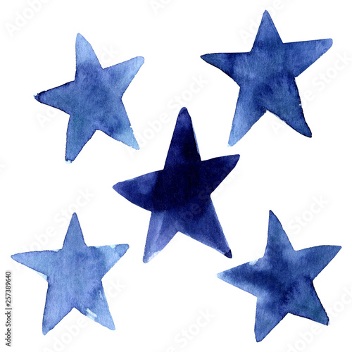Set of hand painted indigo blue watercolor simple stars. Isolated on white background. Navy blue modern star. Hand drawn stars. Design for decor, decoration. Cute clip art artistic collection.