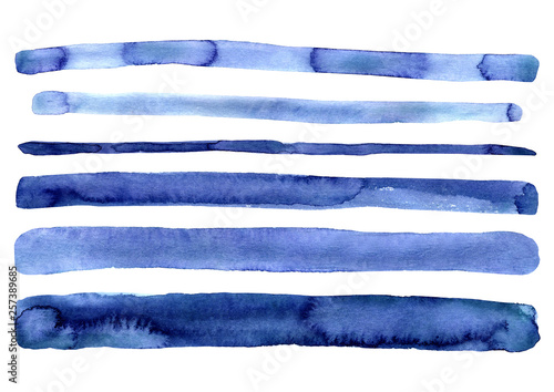Set of hand painted indigo blue watercolor simple stripes. Isolated on white background. Navy blue modern stripe. Hand drawn stripes. Design for decor, decoration. Cute clip art artistic collection.