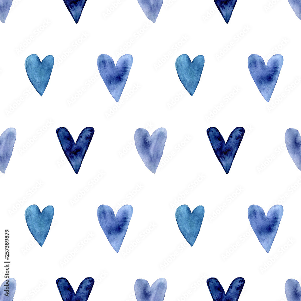Seamless pattern with hand painted indigo blue watercolor hearts.  Valentines day, aquarelle illustration. Romantic decorative background cute  heart for gift paper, wedding decor or fabric textile. Stock Illustration |  Adobe Stock