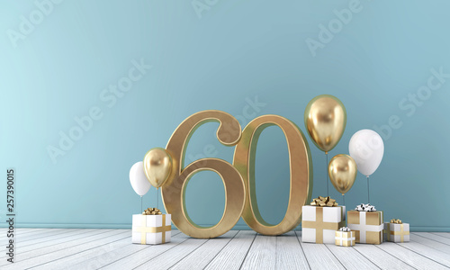 Number 60 party celebration room with gold and white balloons and gift boxes. 