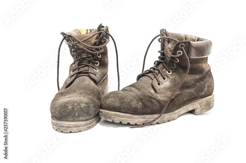 Old leather boots On a white background